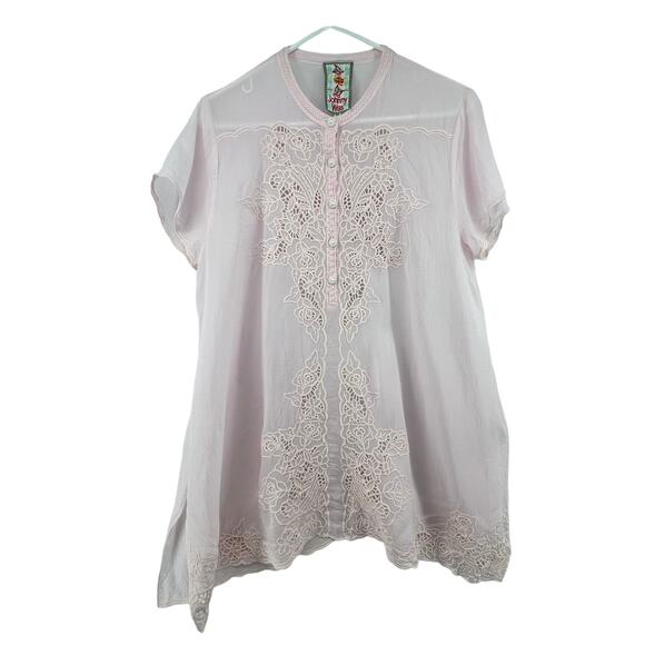 Johnny Was Size Medium Blouse Top Shirt Pink Tunic Floral Short Sleeve FLAW - Picture 1 of 5